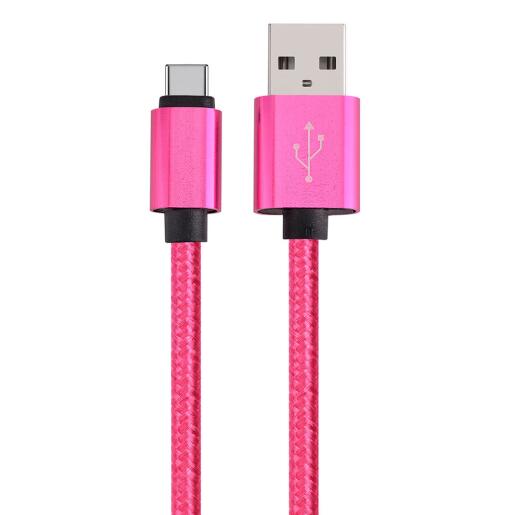 USB-A to USB-C Data Charging Cable, Metal Plug with Mesh Jacket, Rose