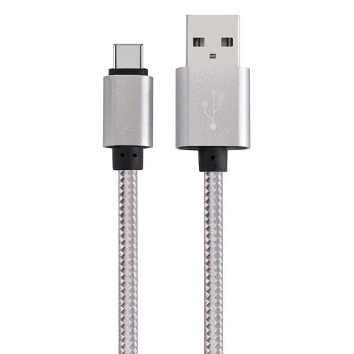 USB-A to USB-C Data Charging Cable, Metal Plug with Mesh Jacket, Gray