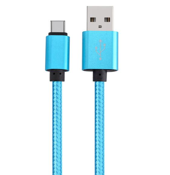 USB-A to USB-C Data Charging Cable, Metal Plug with Mesh Jacket, Blue